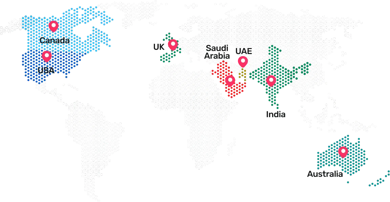 An image of the world map showing the countries where Digital Monk Marketing provides it SEO services