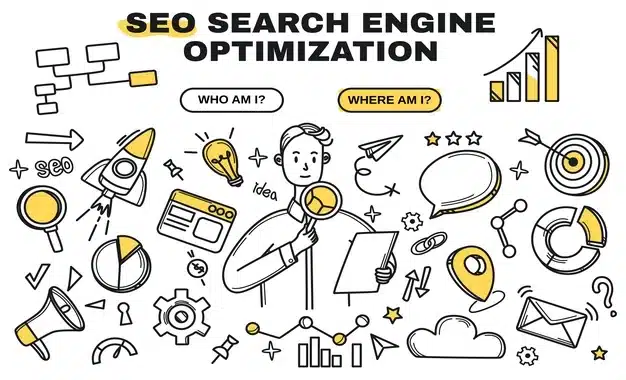 An illustration of a SEO expert with different marketing elements